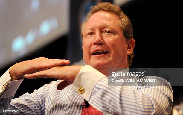 Mining billionaire Andrew "Twiggy" Forrest speaks during a business luncheon in Sydney on April 17, 2012. Forrest, founder and Chairman of Fortescue...