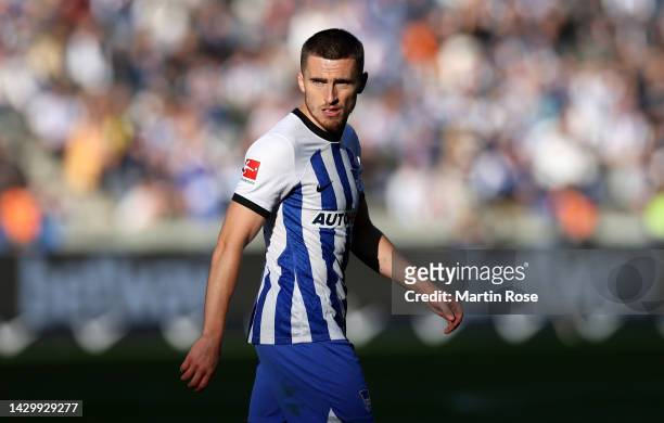 Jonjoe Kenny of Hertha BSC looks on during the Bundesliga match between Hertha BSC and TSG Hoffenheim at Olympiastadion on October 02, 2022 in...