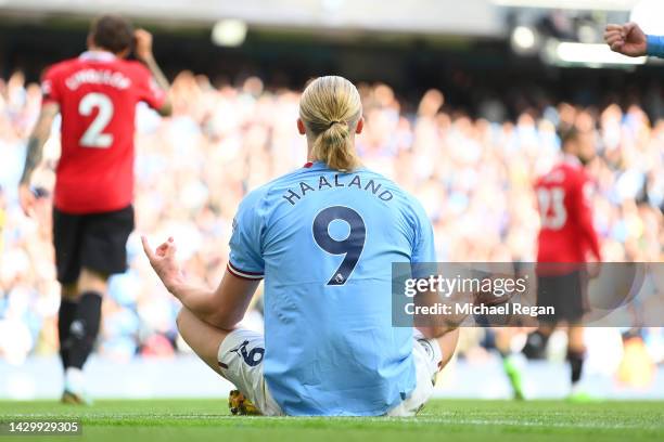 Erling Haaland celebrates his third goal and his hat-trick during the Premier League match between Manchester City and Manchester United at Etihad...