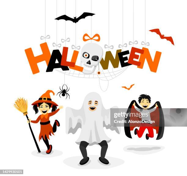 halloween party and kids costumes. template card with kids in halloween costumes. - child cutting card stock illustrations