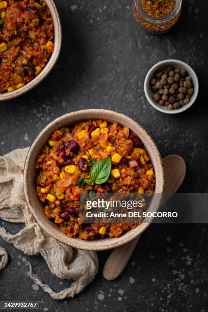 chili con carne with beans corn and tomatoes - france chili stock pictures, royalty-free photos & images
