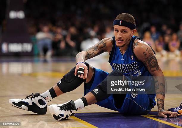 Delonte West of the Dallas Mavericks gets up from the floor during a 112-108 Los Angeles Lakers win at Staples Center on April 15, 2012 in Los...