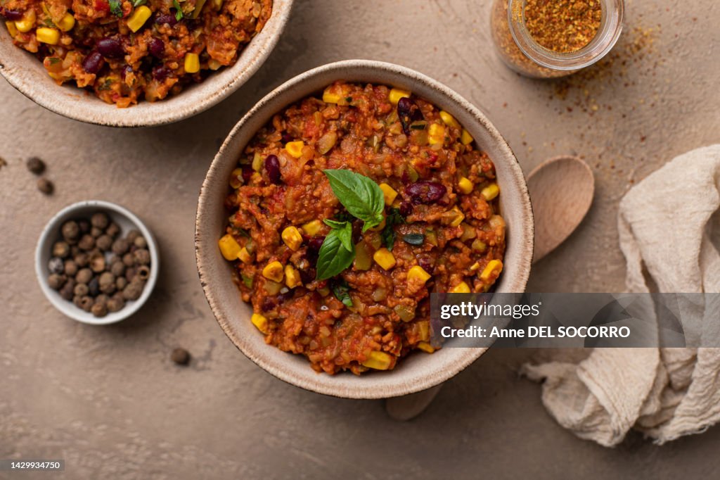 Chili con carne with beans corn and tomatoes