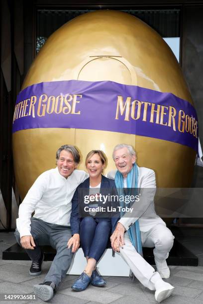 John Bishop, Mel Giedroyc and Sir Ian McKellen pose for photographs during the announcement for an Ambassador Theatre Group Productions, UK and...