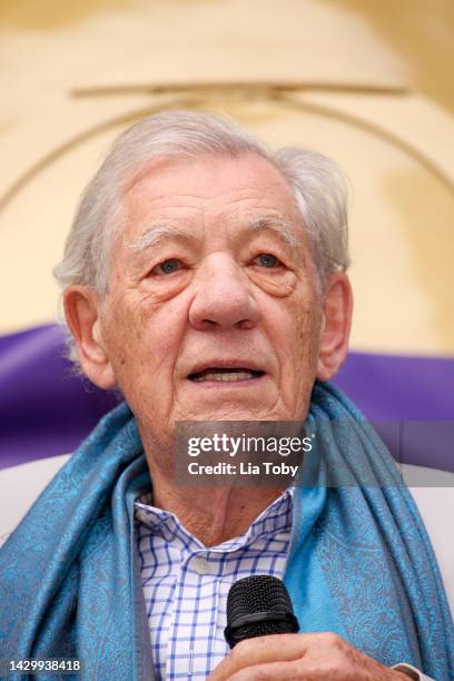 Sir Ian McKellen speaks during his announcement for an Ambassador Theatre Group Productions, UK and Ireland Tour Of "Mother Goose" at The Londoner...