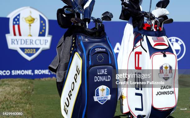 The bags of team captains Luke Donald of England and Zach Johnson of United States are seen during the Ryder Cup 2023 Year to Go Media Event at Marco...