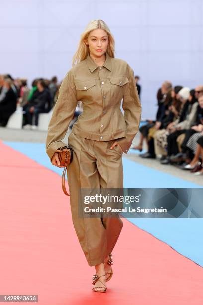 Gigi Hadid walks the runway during the Stella McCartney Womenswear Spring/Summer 2023 show as part of Paris Fashion Week on October 03, 2022 in...