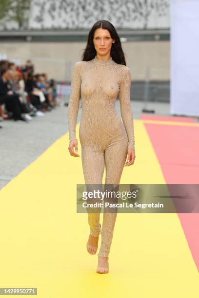 Bella Hadid walks the runway during the Stella McCartney Womenswear Spring/Summer 2023 show as part of Paris Fashion Week on October 03, 2022 in...
