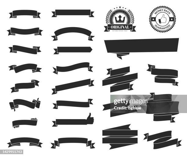 set of black ribbons, banners, badges, labels - design elements on white background - first place banner stock illustrations