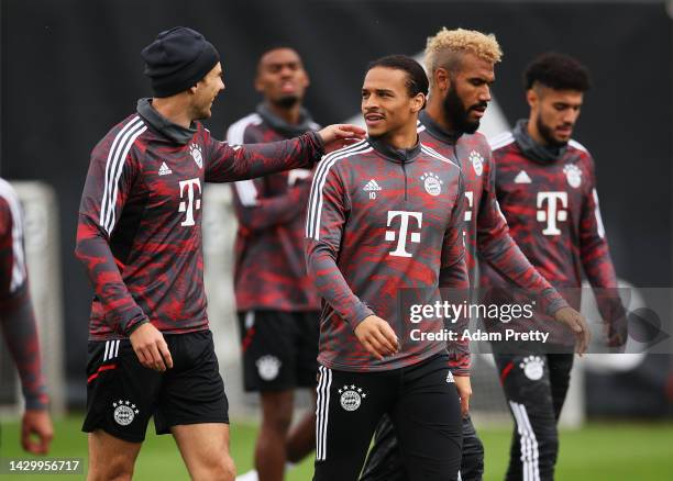 Leon Goretzka and Leroy Sane of Bayern Munich warm up for training today ahead of their UEFA Champions League group C match against Viktoria Plzen at...