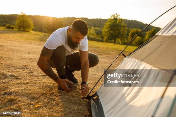 accampamento sul prato durante un tramonto dell'ora d'oro - picchetto da tenda foto e immagini stock