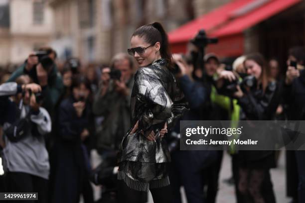 Coco Rocha seen wearing a total Vivienne Westwood look, outside Vivienne Westwood during Paris Fashion Week on October 01, 2022 in Paris, France.