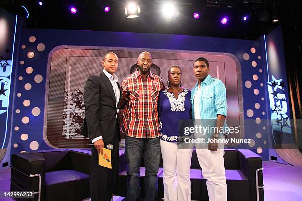 Holmes with Trayvon Martin's family Tracy Martin, Sybrina Fulton and Jahvaris Fulton on BET's "106 & Park" at BET Studios on April 16, 2012 in New...