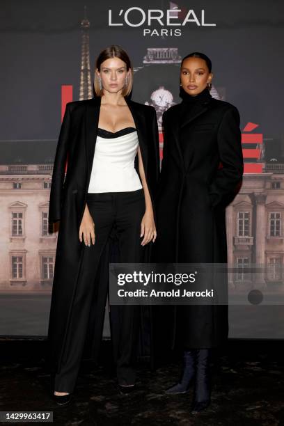 Josephine Skriver and Jasmine Tookes attend the "Le Defile Walk Your Worth" By L'Oreal Paris Womenswear Spring/Summer 2023 show as part of Paris...