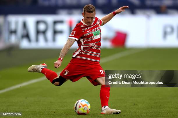 Andre Hahn of FC Augsburg in action during the Bundesliga match between FC Schalke 04 and FC Augsburg at Veltins-Arena on October 02, 2022 in...