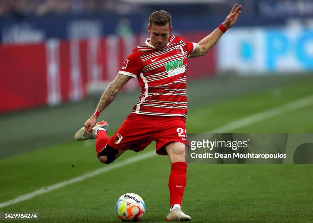 Andre Hahn of FC Augsburg in action during the Bundesliga match between FC Schalke 04 and FC Augsburg at Veltins-Arena on October 02, 2022 in...
