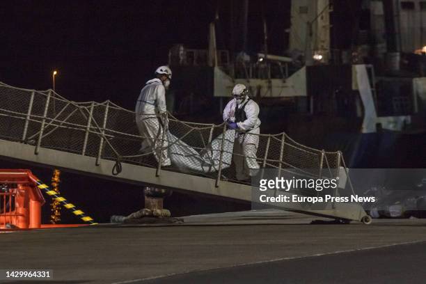 Two members of Salvamento Maritimo lift one of the corpses of a skiff, at the Cambulloneros dock, in the port of Las Palmas de Gran Canaria, on...