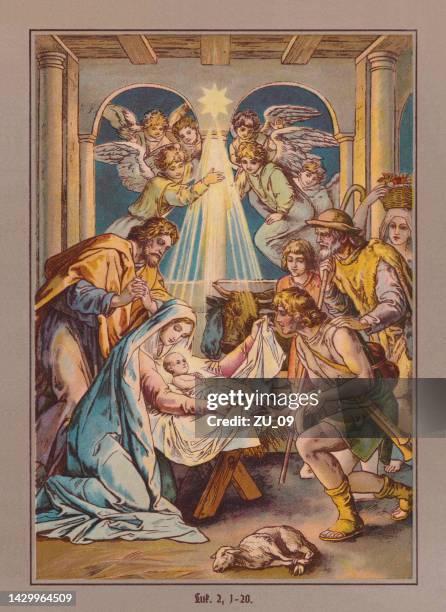 ilustraciones, imágenes clip art, dibujos animados e iconos de stock de el nacimiento de jesús, cromolitografía, publicado hacia 1880 - baby angel