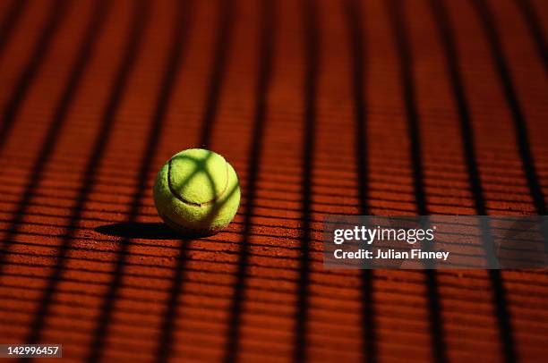 Detail shot of a tennis ball on clay during day three of the ATP Monte Carlo Masters on April 17, 2012 in Monte-Carlo, Monaco.