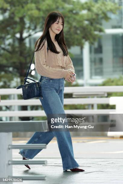 Yoona of South Korean girl group Girls' Generation is seen on departure at Incheon International Airport on October 03, 2022 in Incheon, South Korea.