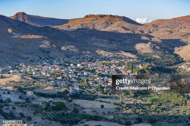 eresos (eressos), lesvos, greece. village view from hilltop chapel - mytilene fotografías e imágenes de stock