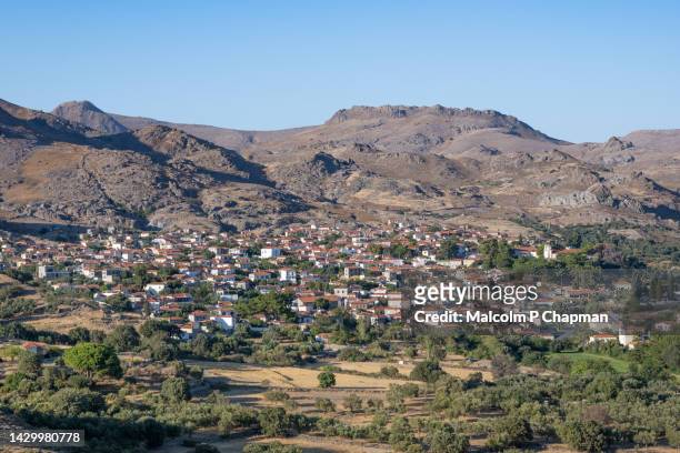 eresos (eressos), lesvos, greece. village view from hilltop chapel - lesbos stock pictures, royalty-free photos & images