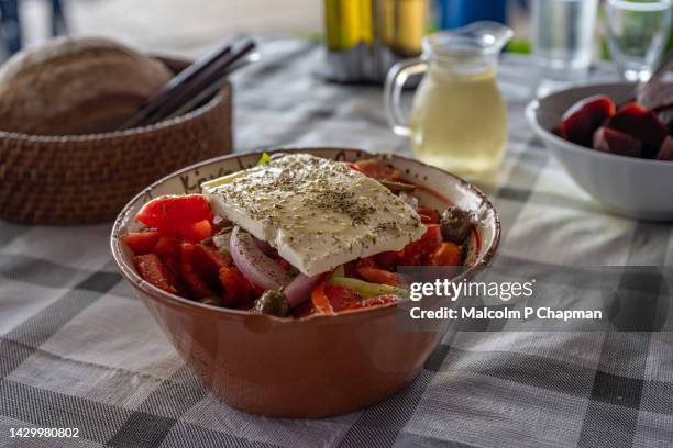 greek salad at a taverna, tavari, lesvos, greece - greek food imagens e fotografias de stock