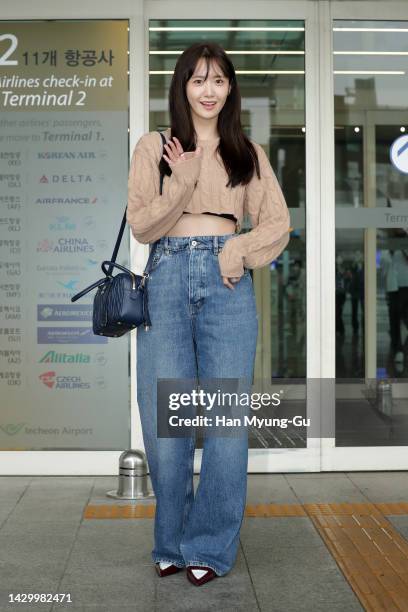 Yoona of South Korean girl group Girls' Generation is seen on departure at Incheon International Airport on October 03, 2022 in Incheon, South Korea.