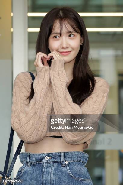 Yoona of South Korean girl group Girls' Generation is seen on departure at Incheon International Airport on October 03, 2022 in Incheon, South Korea.