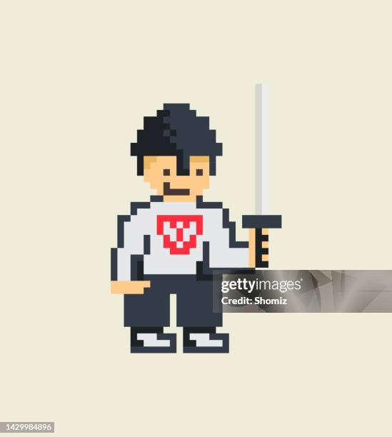 simple flat pixel art illustration of medieval guard knight with sword - fictional being stock illustrations