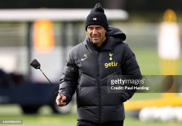 Antonio Conte, Manager of Tottenham Hotspur looks on during a training session at Tottenham Hotspur Training Centre ahead of their UEFA Champions...