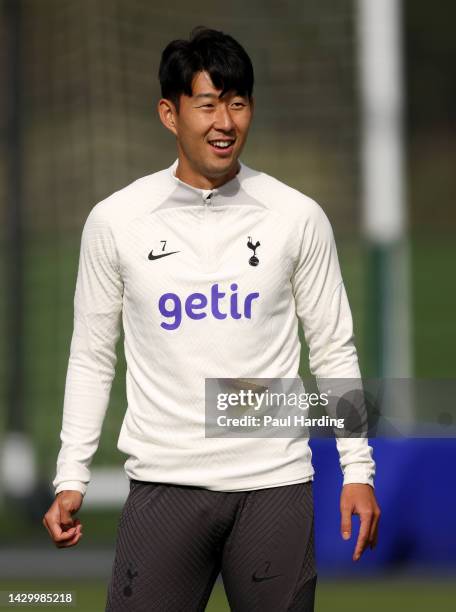 Heung-Min Son of Tottenham Hotspur looks on during a training session at Tottenham Hotspur Training Centre ahead of their UEFA Champions League group...