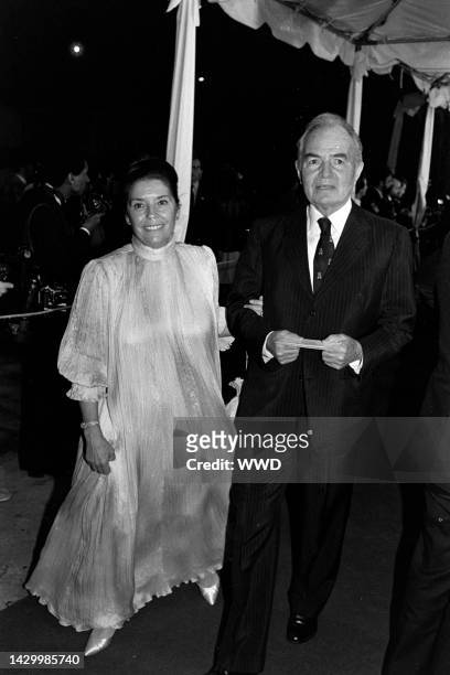 Clarissa Kaye and James Mason attend a party on the 20th Century Fox lot in Century City, California, on February 28, 1983.