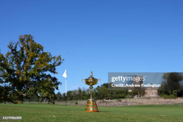 The Ryder Cup trophy is seen on the 9th green during the Ryder Cup 2023 Year to Go Media Event at Marco Simone Golf Club on October 03, 2022 in Rome,...