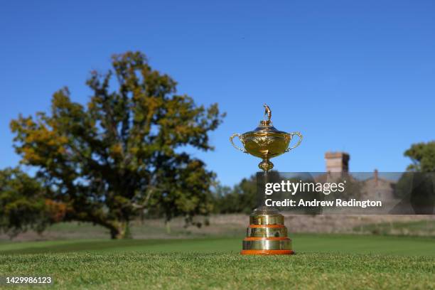 The Ryder Cup trophy is seen on the 9th green during the Ryder Cup 2023 Year to Go Media Event at Marco Simone Golf Club on October 03, 2022 in Rome,...