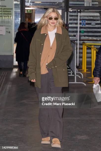 Model Gigi Hadid is seen on October 03, 2022 in Paris, France.