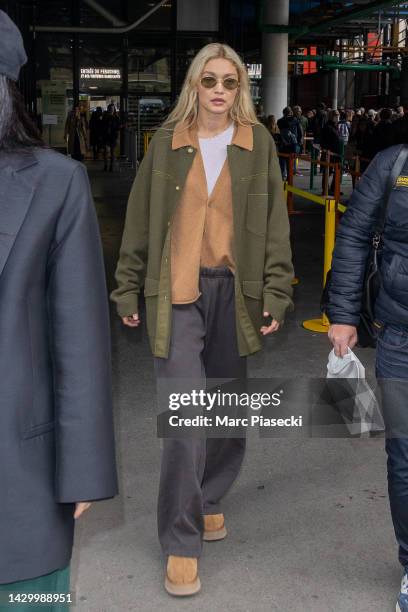 Model Gigi Hadid is seen on October 03, 2022 in Paris, France.