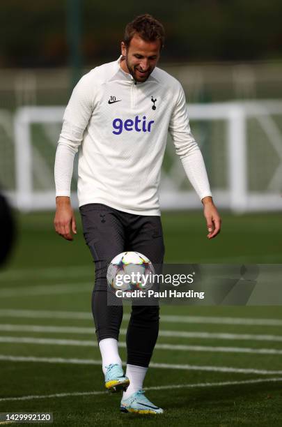 Harry Kane of Tottenham Hotspur during a training session at Tottenham Hotspur Training Centre ahead of their UEFA Champions League group D match...