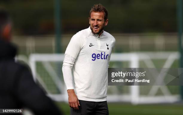 Harry Kane of Tottenham Hotspur during a training session at Tottenham Hotspur Training Centre ahead of their UEFA Champions League group D match...