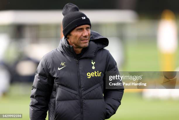 Antonio Conte, Manager of Tottenham Hotspur looks on during a training session at Tottenham Hotspur Training Centre ahead of their UEFA Champions...