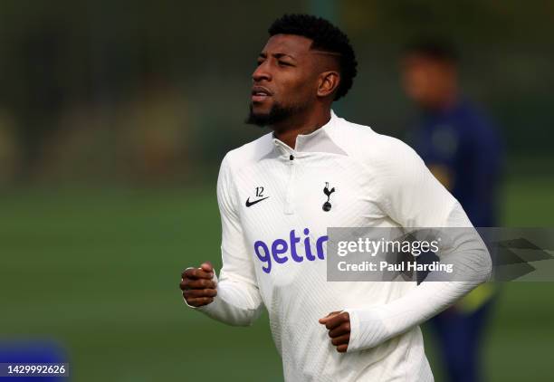 Emerson Royal of Tottenham Hotspur looks on during a training session at Tottenham Hotspur Training Centre ahead of their UEFA Champions League group...