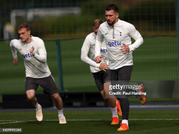 Pierre-Emile Hojbjerg of Tottenham Hotspur during a training session at Tottenham Hotspur Training Centre ahead of their UEFA Champions League group...