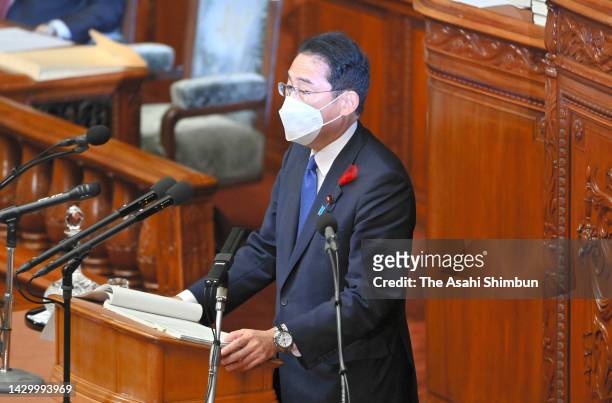 Prime Minister Fumio Kishida makes a palicy speech during the 210th extraordinary session of diet at House of Representatives on October 3, 2022 in...