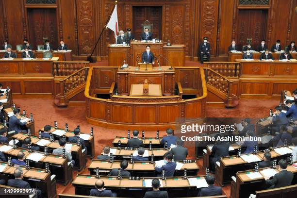 Prime Minister Fumio Kishida makes a palicy speech during the 210th extraordinary session of diet at House of Representatives on October 3, 2022 in...