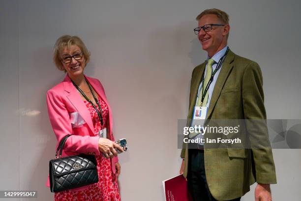 Andrea Leadsom MP stands with her husband, Ben on the second day of the Conservative Party conference at Birmingham ICC on October 03, 2022 in...