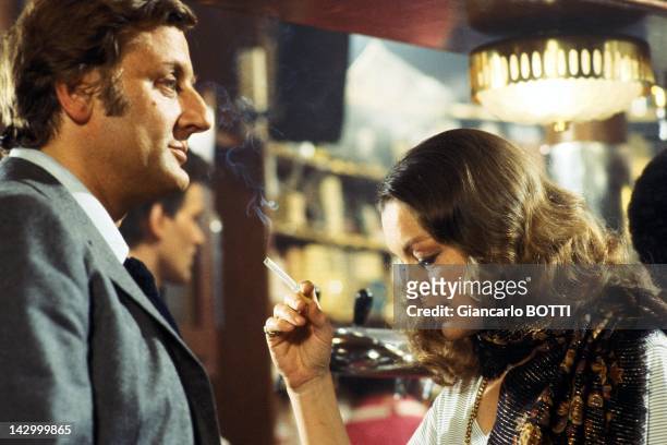 Actors Bruno Cremer and Romy Schneider on the set of 'A simple Story' by Claude Sautet, 1980 in France.