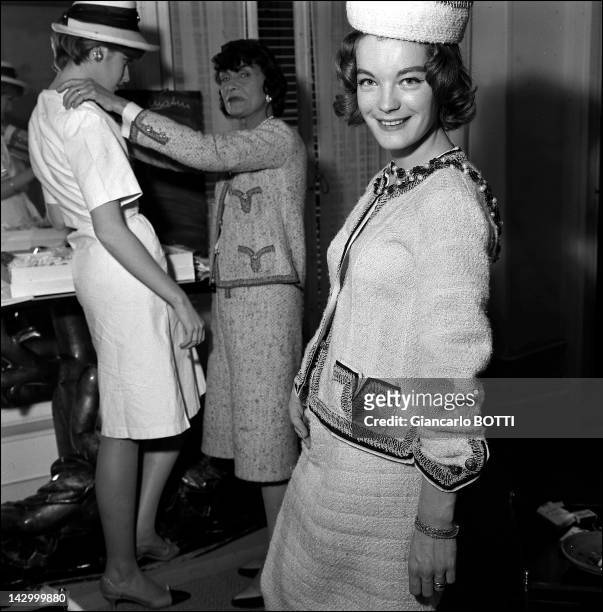 Romy Schneider at Coco Chanel studio, in Cambon street, in the 1960's in Paris, France.