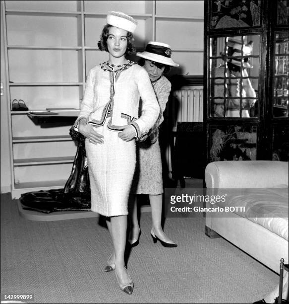 Romy Schneider at Coco Chanel studio, in Cambon street, in the 1960's in Paris, France.