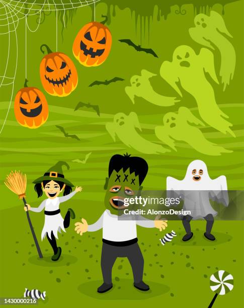 halloween kinderparty. postereinladung. trick oder treater - child cutting card stock-grafiken, -clipart, -cartoons und -symbole