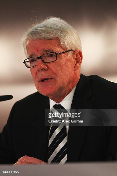 Reinhard Rauball, president of the German Football League attends a press conference after the auction of the audio-visual media rights for the...